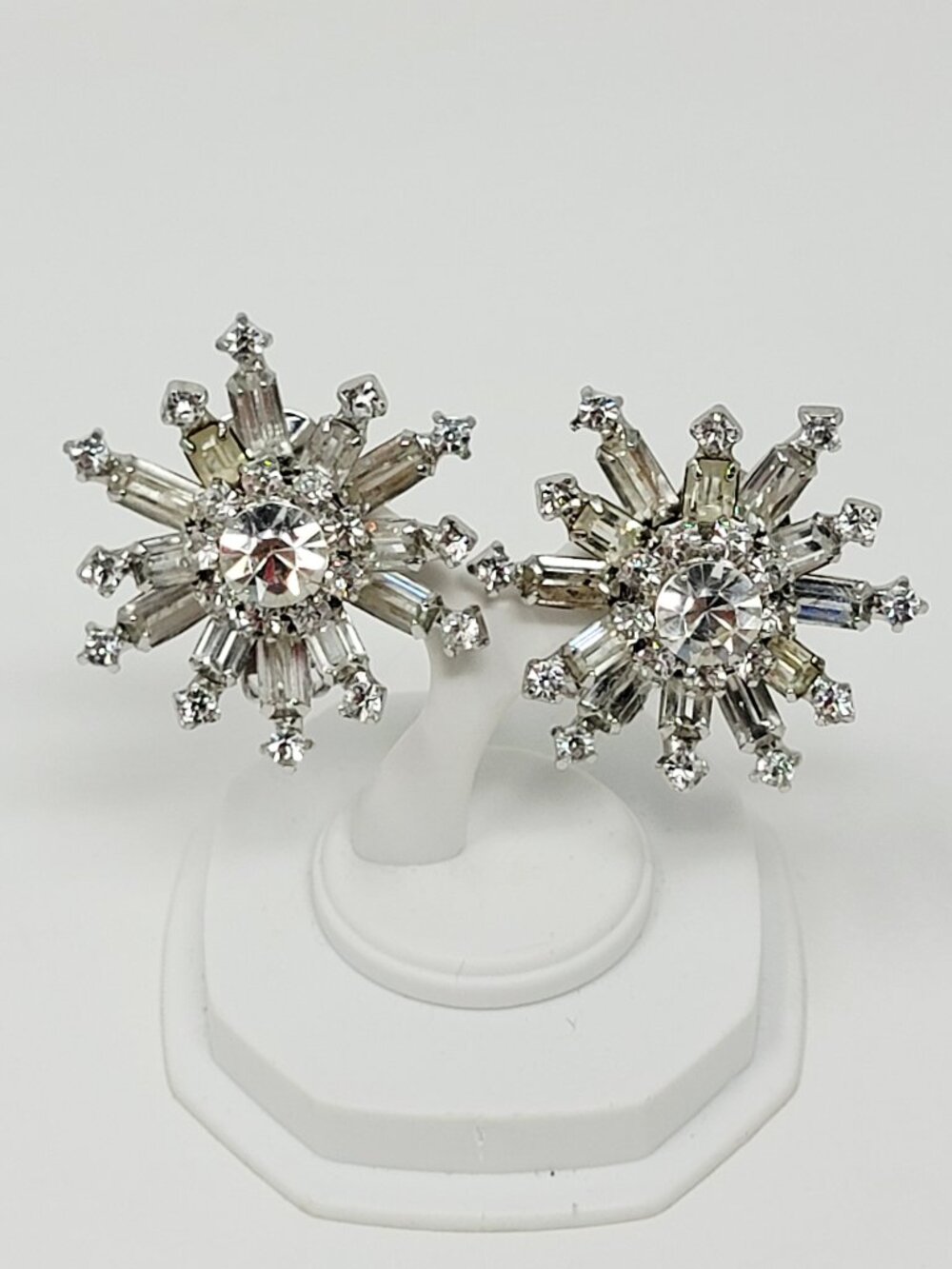 Vintage Rhinestone Starburst Clip On Earrings Silver Tone